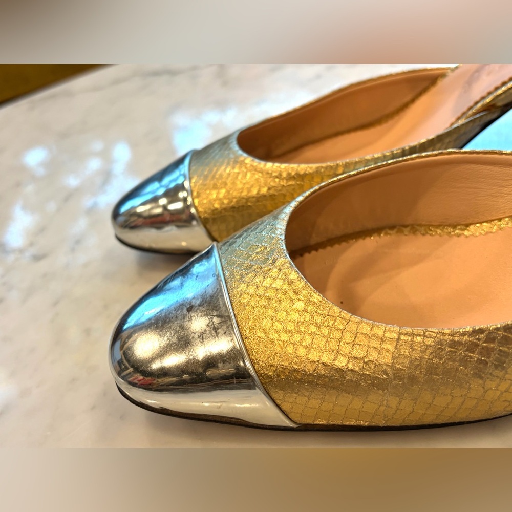 J Crew Millie maryjane heels, snake-embossed gold leather, silver cap toes,8.5 - Picture 9 of 16